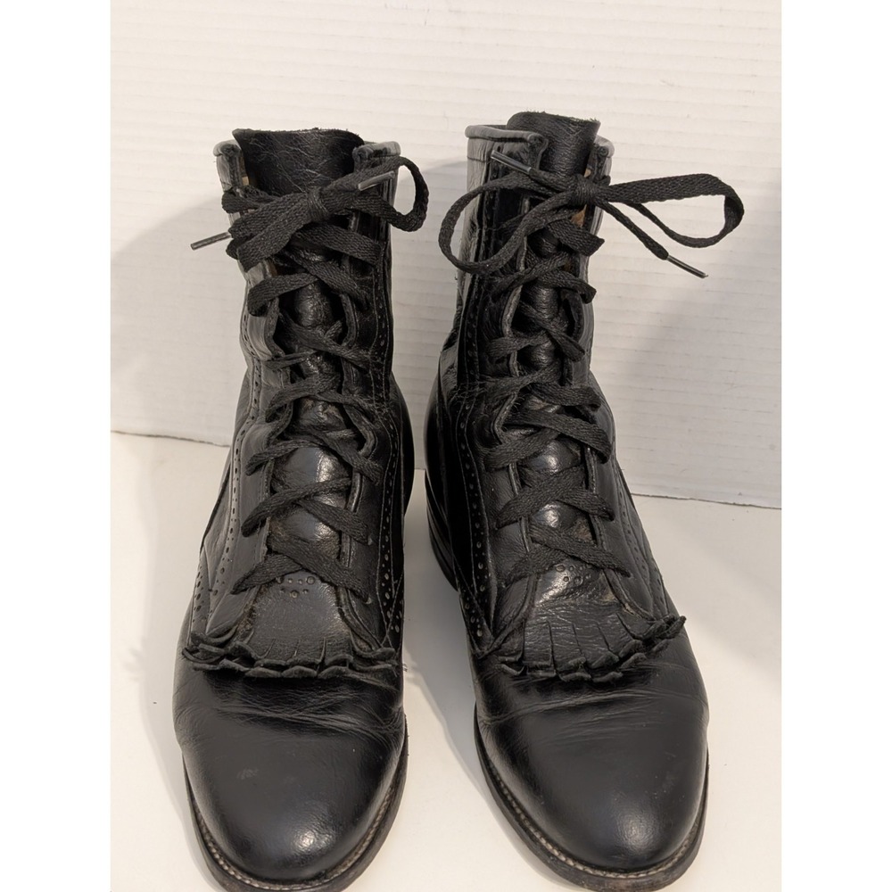 Vintage Justin Women's Black Leather Lace-Up Kiltie Roper Boots 7.5B - Picture 2 of 8